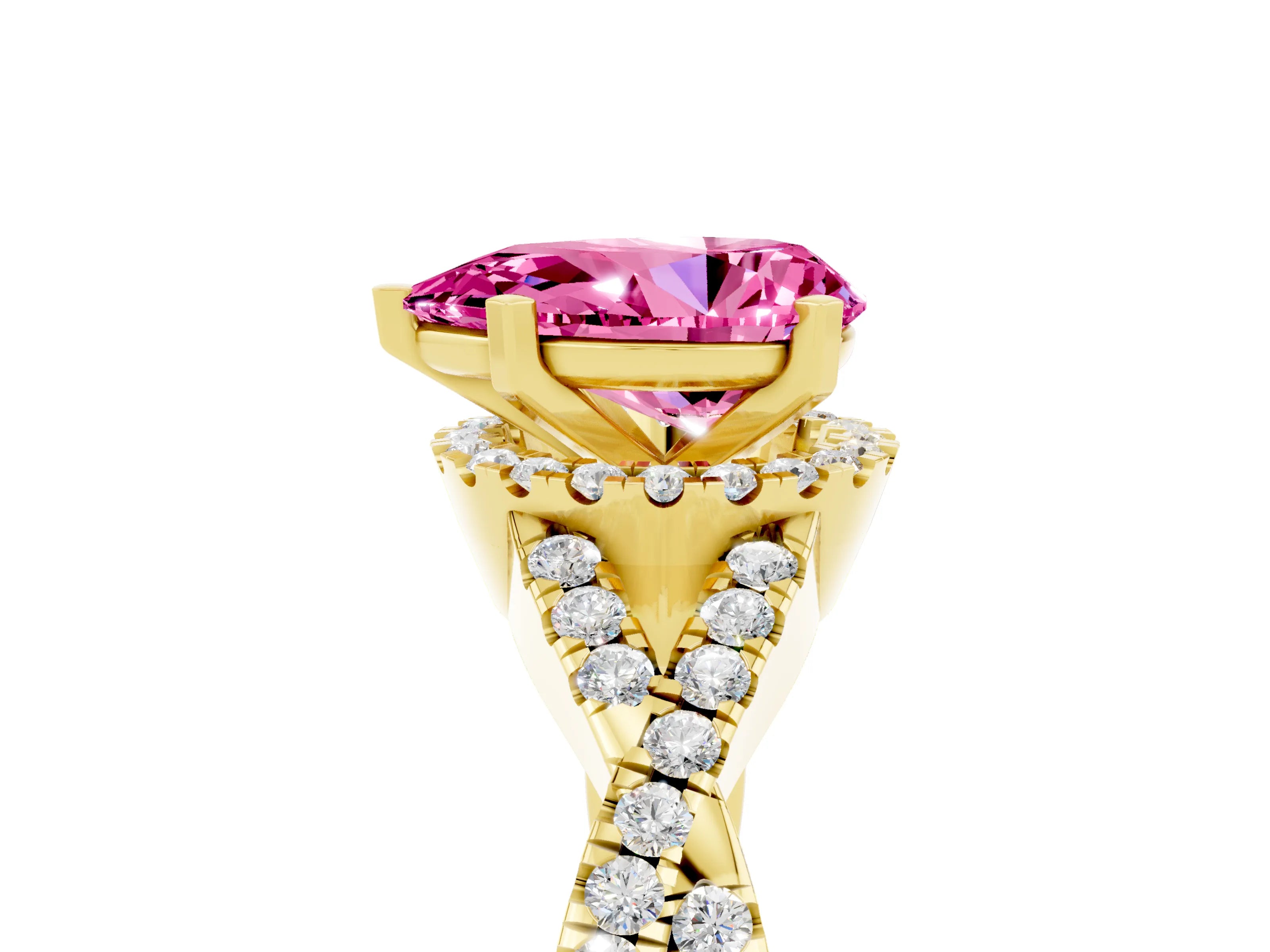 Yellow gold Pear Cut Pink Sapphire Halo Twist Band Solitaire Prong Setting Ring_29