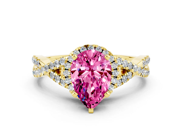 Yellow gold Pear Cut Pink Sapphire  Halo Twist Band Solitaire Prong Setting Ring