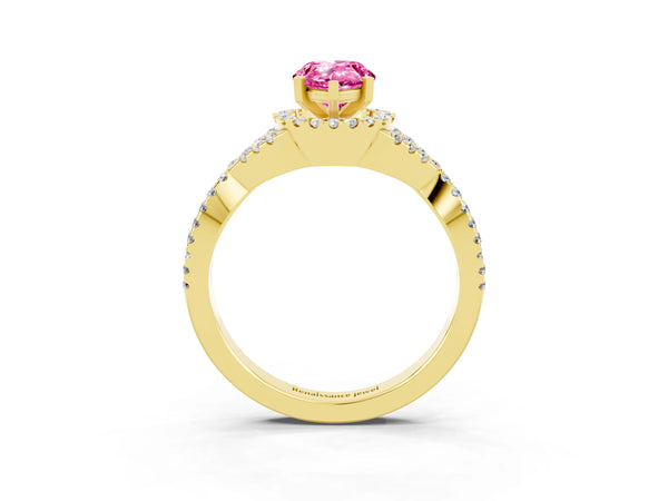 Yellow gold Pear Cut Pink Sapphire  Halo Twist Band Solitaire Prong Setting Ring