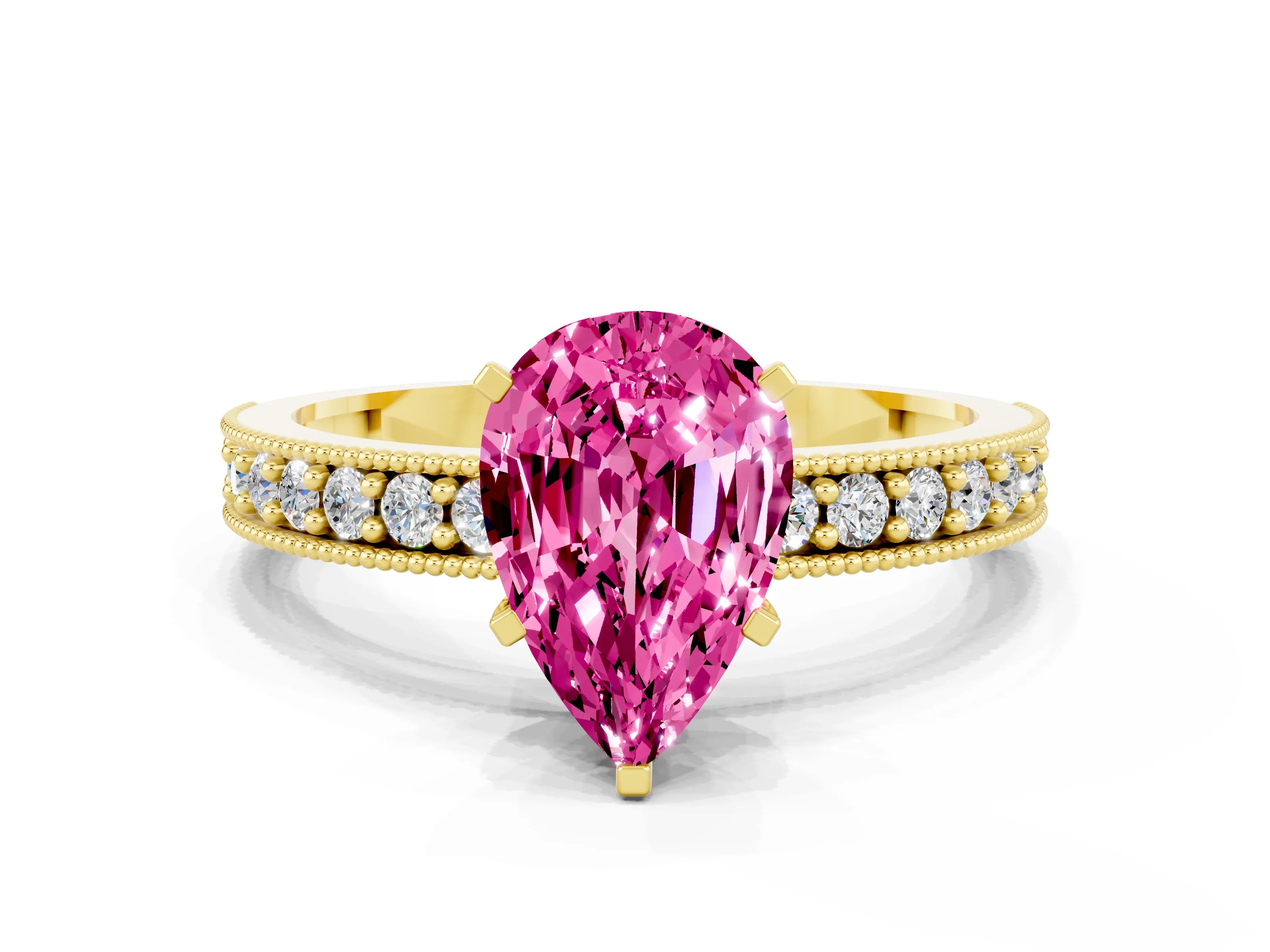 Yellow gold Pear Cut Pink Sapphire Milgrain Pavé Engagement Ring with Four-Prong Setting_24