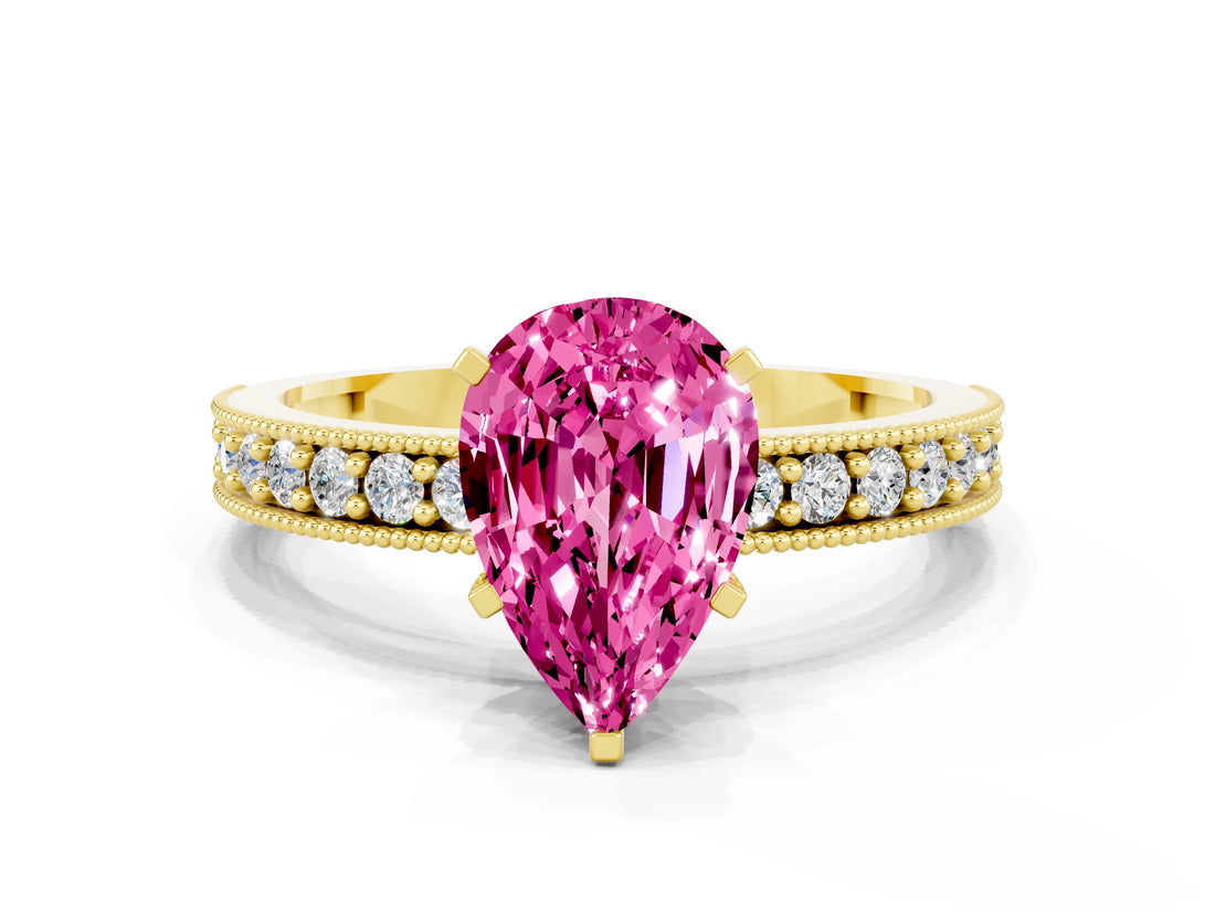 Yellow gold Pear Cut Pink Sapphire Milgrain Pavé Engagement Ring with Four-Prong Setting_24