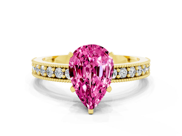Yellow gold Pear Cut Pink Sapphire Milgrain Pavé Engagement Ring with Four-Prong Setting