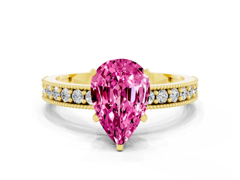 Yellow gold Pear Cut Pink Sapphire Milgrain Pavé Engagement Ring with Four-Prong Setting_24