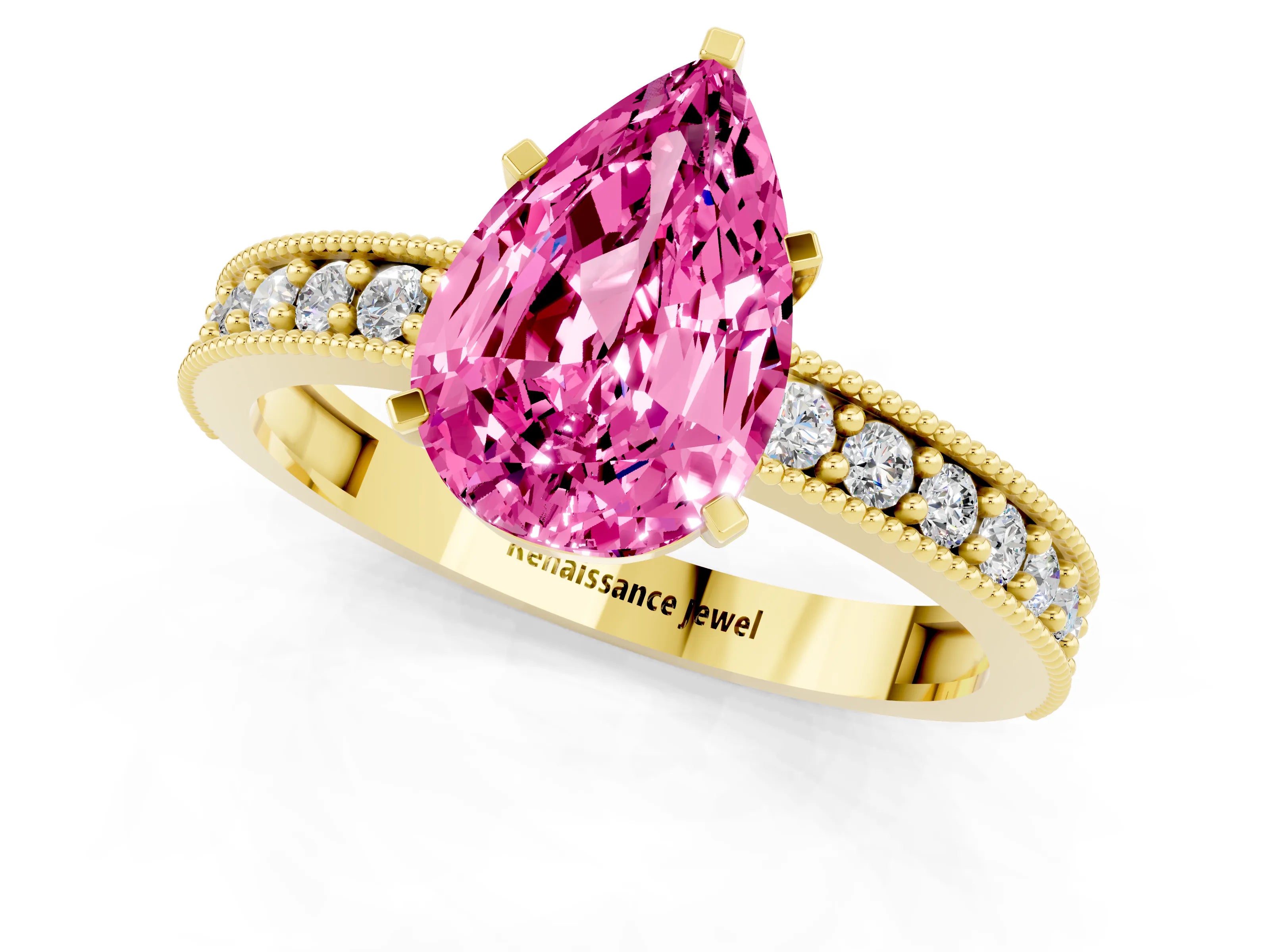 Yellow gold Pear Cut Pink Sapphire Milgrain Pavé Engagement Ring with Four-Prong Setting_25