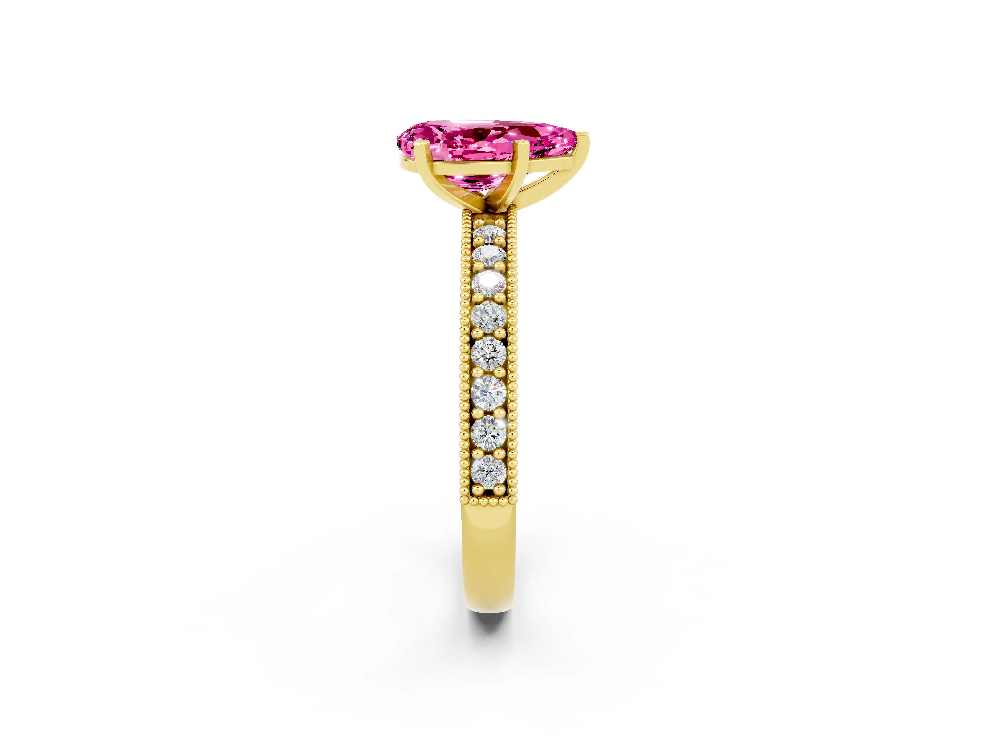 Yellow gold Pear Cut Pink Sapphire Milgrain Pavé Engagement Ring with Four-Prong Setting_26