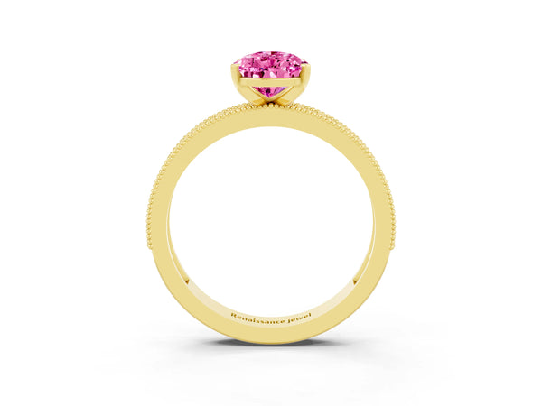 Yellow gold Pear Cut Pink Sapphire Milgrain Pavé Engagement Ring with Four-Prong Setting