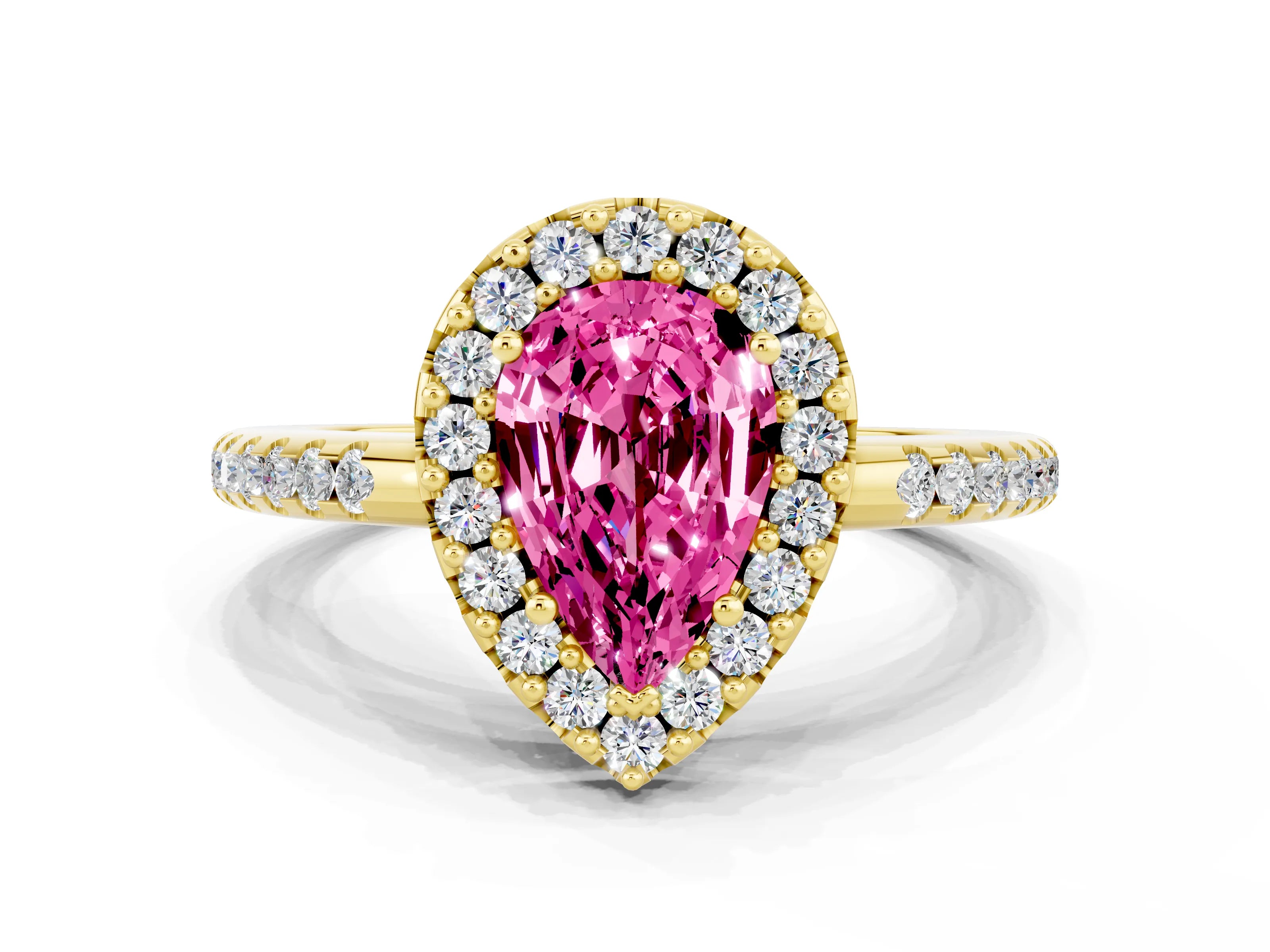 Yellow gold Pear Cut Pink Sapphire Pavé Halo Ring with Four-Prong Setting_12