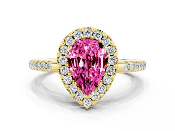 Yellow gold Pear Cut Pink Sapphire Pavé Halo Ring with Four-Prong Setting