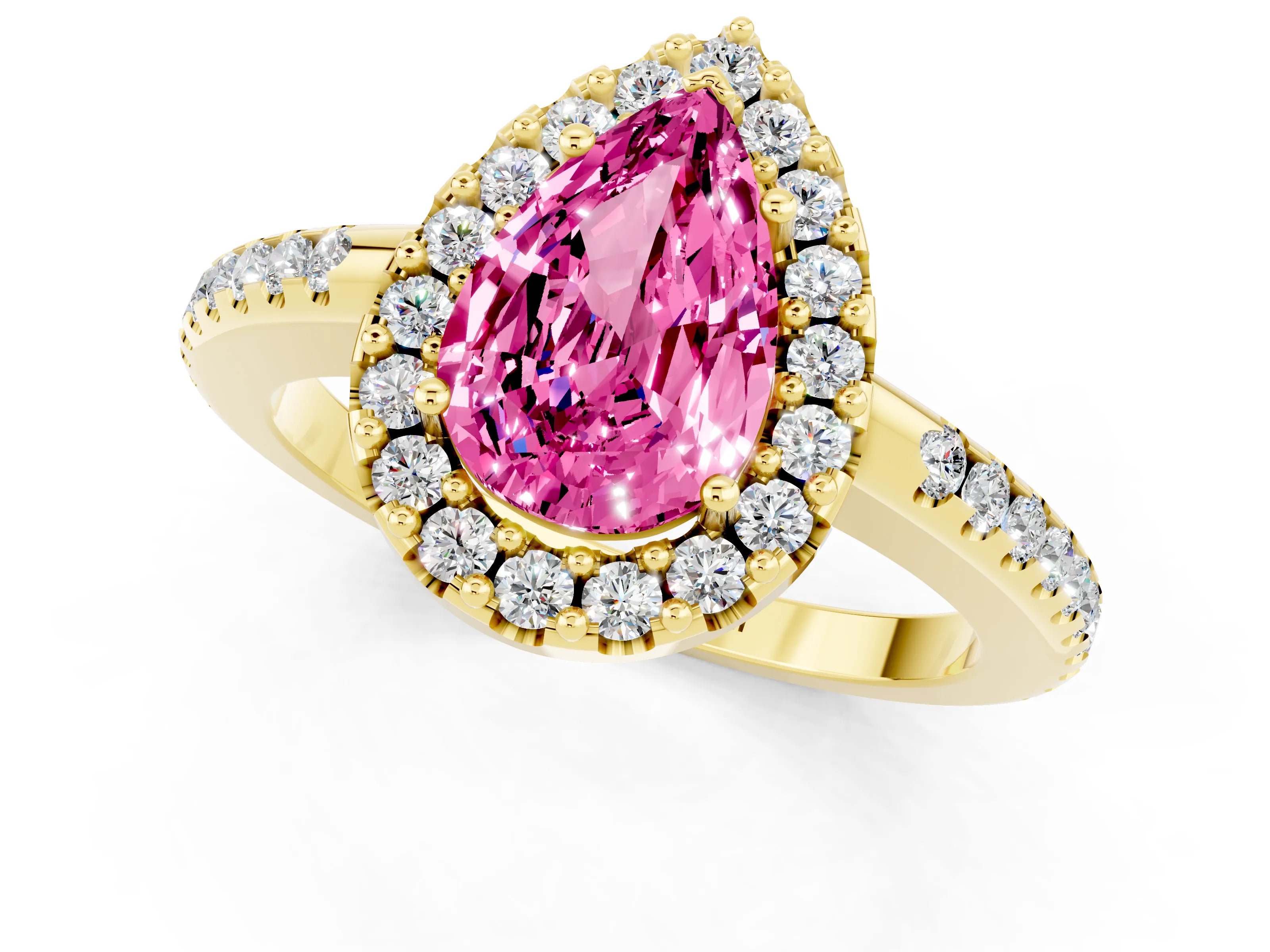 Yellow gold Pear Cut Pink Sapphire Pavé Halo Ring with Four-Prong Setting_13