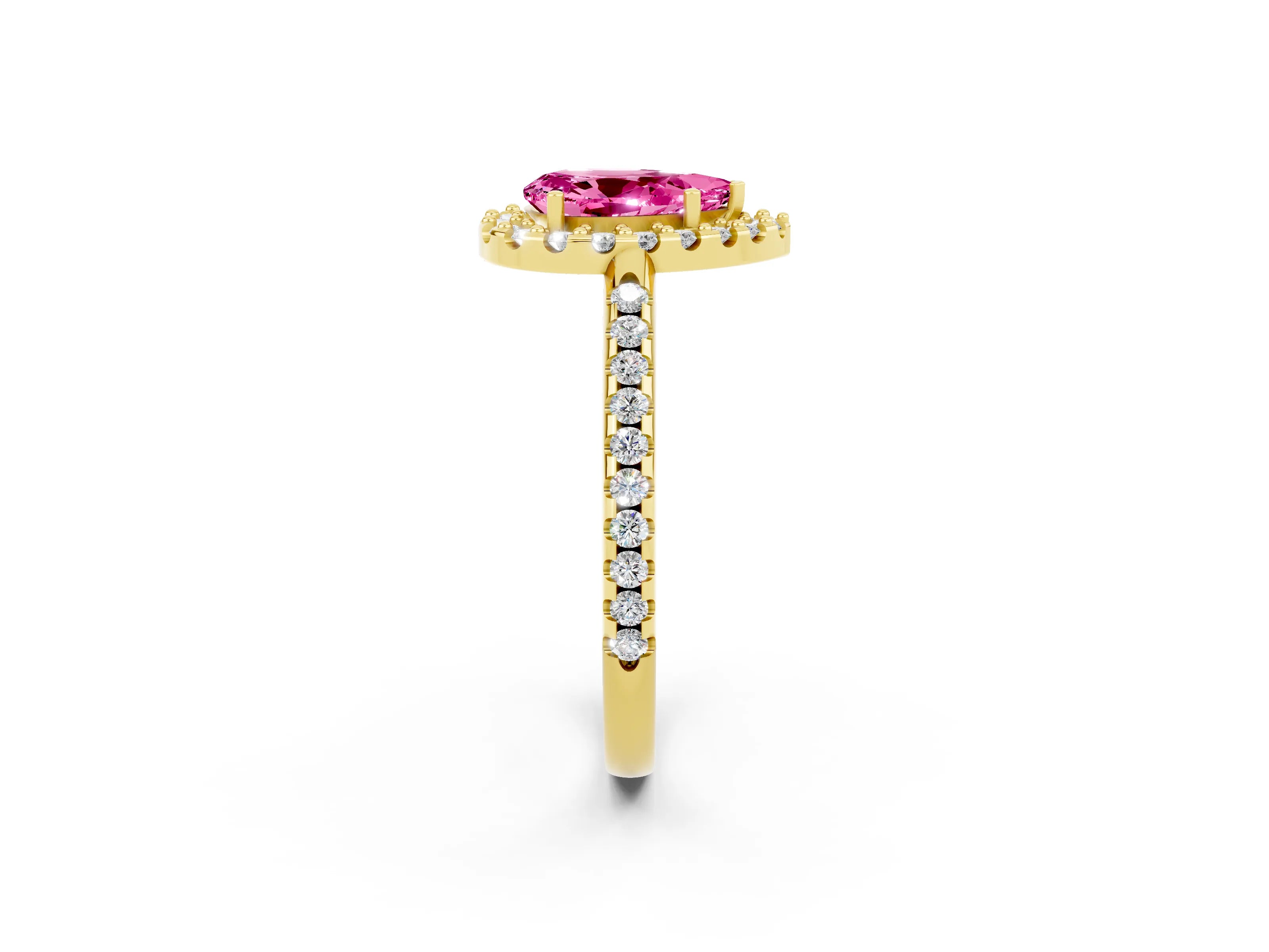 Yellow gold Pear Cut Pink Sapphire Pavé Halo Ring with Four-Prong Setting_14