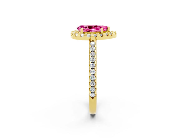 Yellow gold Pear Cut Pink Sapphire Pavé Halo Ring with Four-Prong Setting