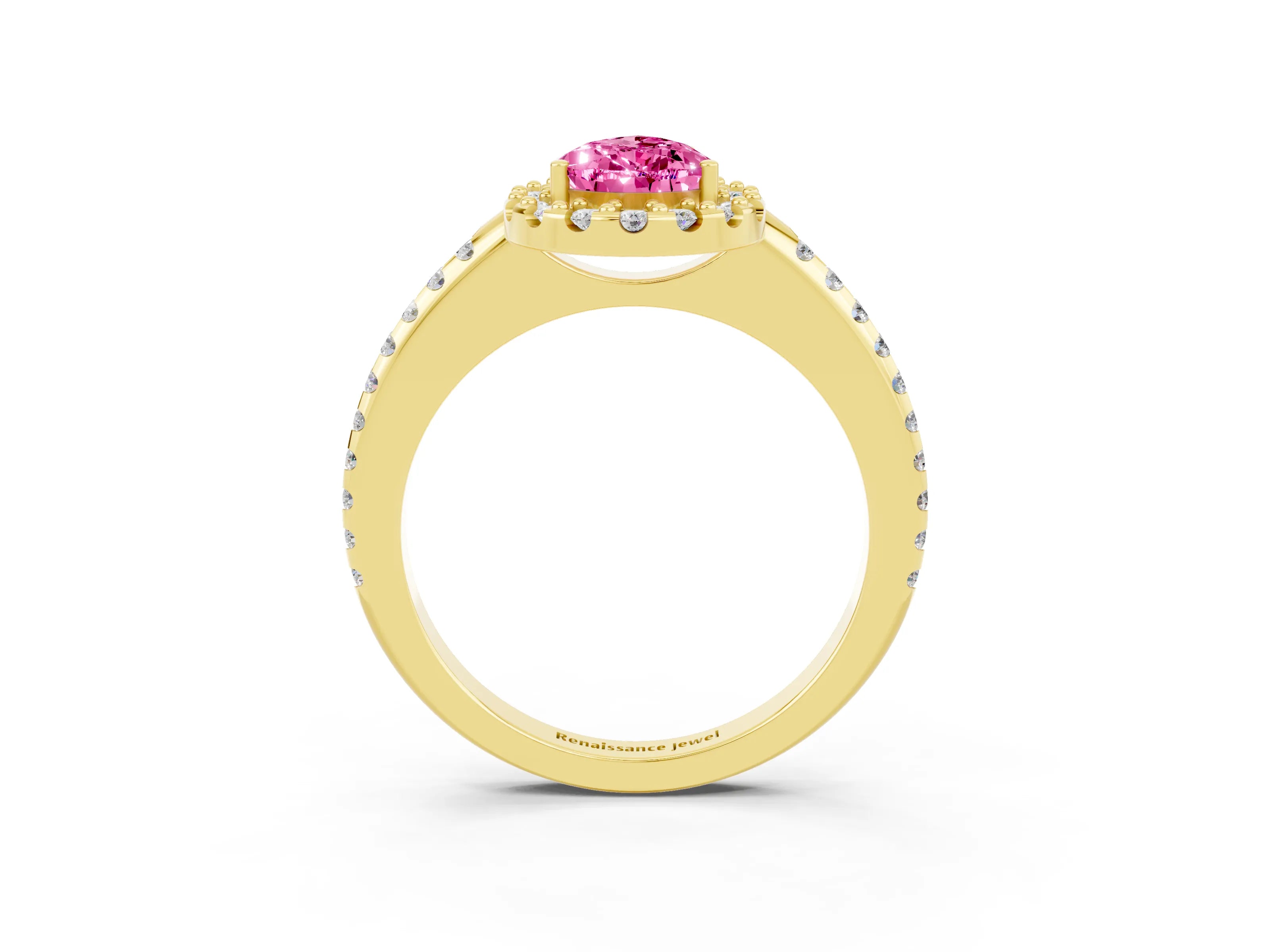 Yellow gold Pear Cut Pink Sapphire Pavé Halo Ring with Four-Prong Setting_15