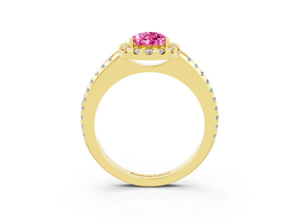 Yellow gold Pear Cut Pink Sapphire Pavé Halo Ring with Four-Prong Setting