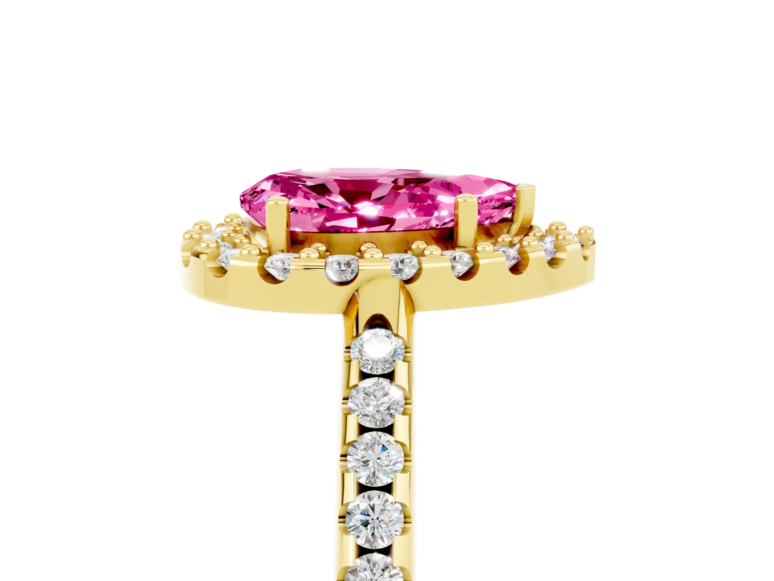 Yellow gold Pear Cut Pink Sapphire Pavé Halo Ring with Four-Prong Setting_17