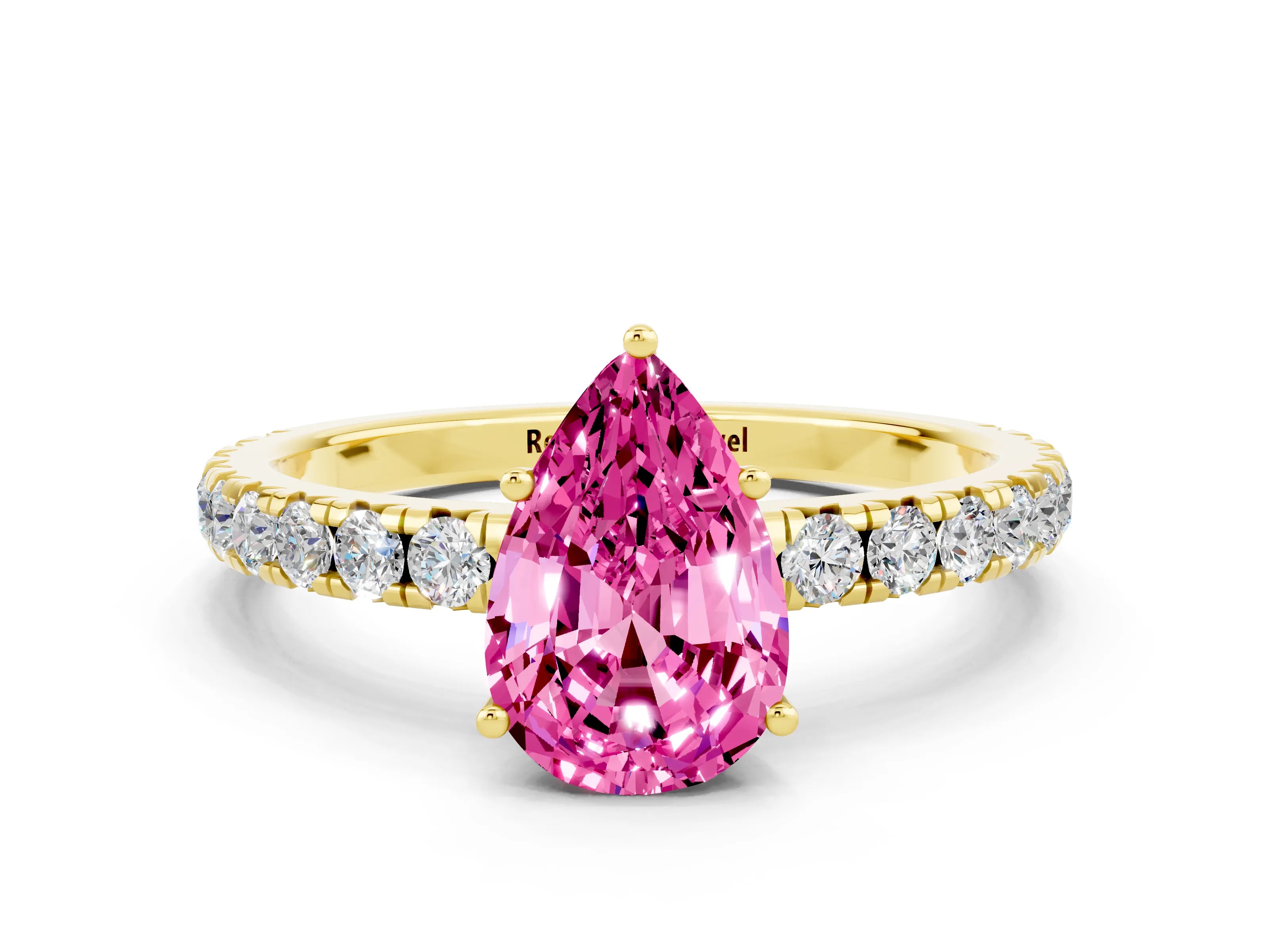 Yellow gold Pear Cut Pink Sapphire Pavé Solitaire Engagement Ring with Four-Prong Setting_12