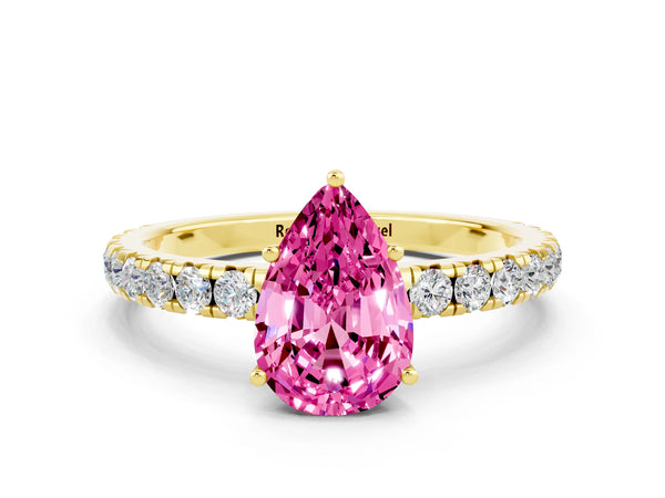 Yellow gold Pear Cut Pink Sapphire Pavé Solitaire Engagement Ring with Four-Prong Setting