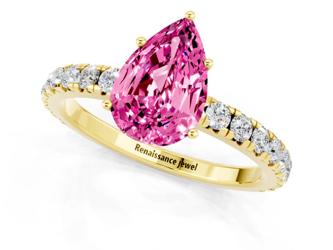 Yellow gold Pear Cut Pink Sapphire Pavé Solitaire Engagement Ring with Four-Prong Setting_13
