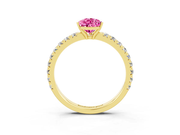 Yellow gold Pear Cut Pink Sapphire Pavé Solitaire Engagement Ring with Four-Prong Setting