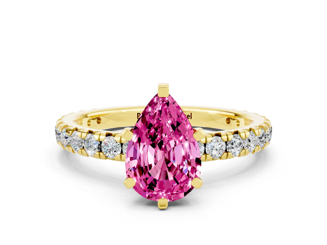 Yellow gold Pear Cut Pink Sapphire Pavé Solitaire Ring with Round Band and Prong Setting_12