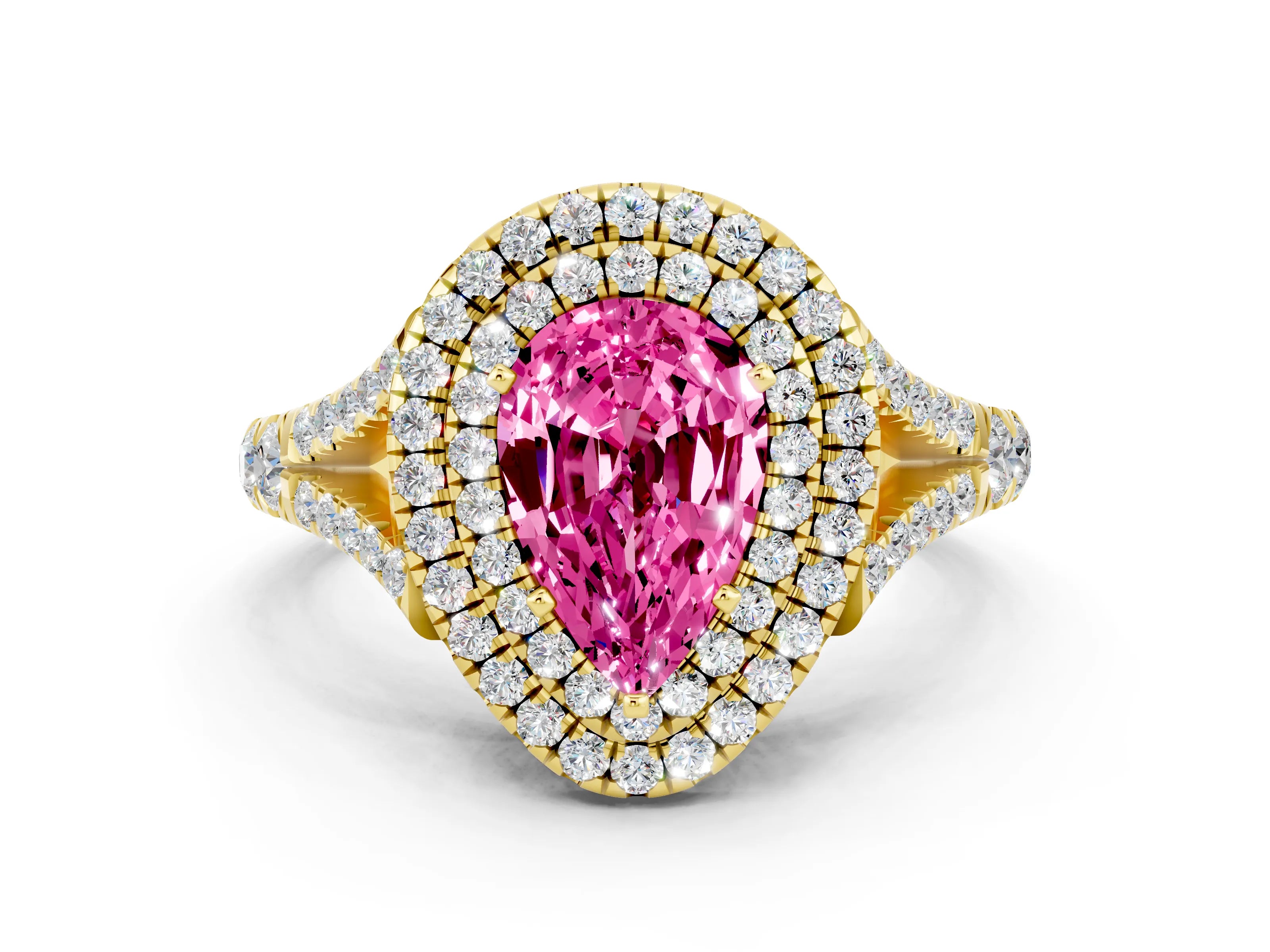Yellow gold Pear Cut Pink Sapphire Pavé Split Shank Double Halo Engagement Ring