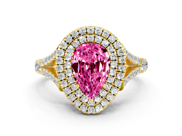 Yellow gold Pear Cut Pink Sapphire Pavé Split Shank Double Halo Engagement Ring