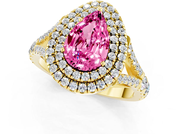 Yellow gold Pear Cut Pink Sapphire Pavé Split Shank Double Halo Engagement Ring