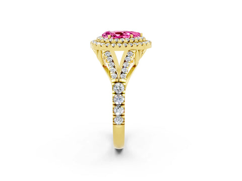 Yellow gold Pear Cut Pink Sapphire Pavé Split Shank Double Halo Engagement Ring_2