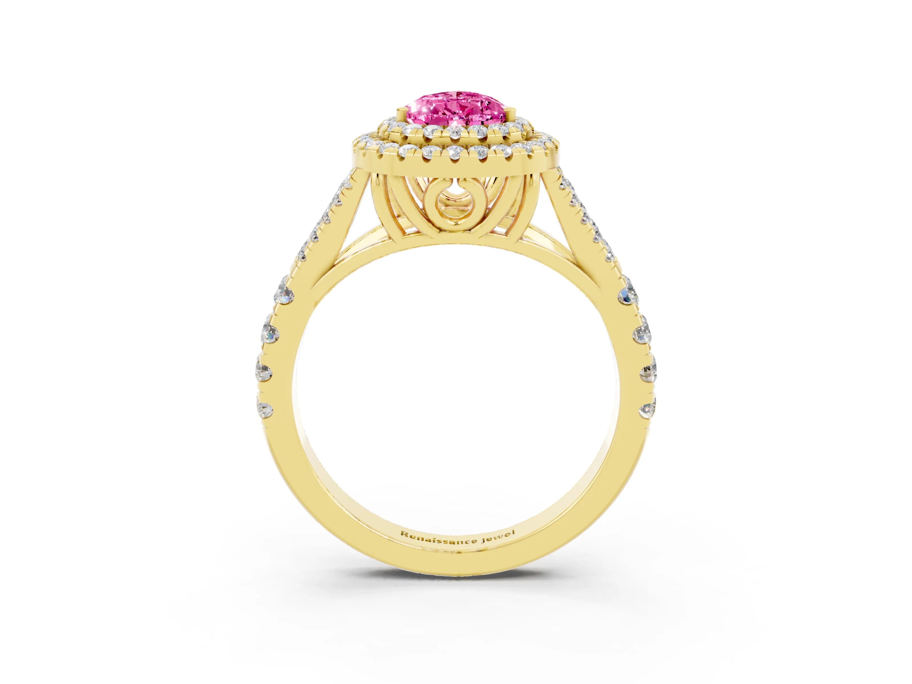Yellow gold Pear Cut Pink Sapphire Pavé Split Shank Double Halo Engagement Ring_3