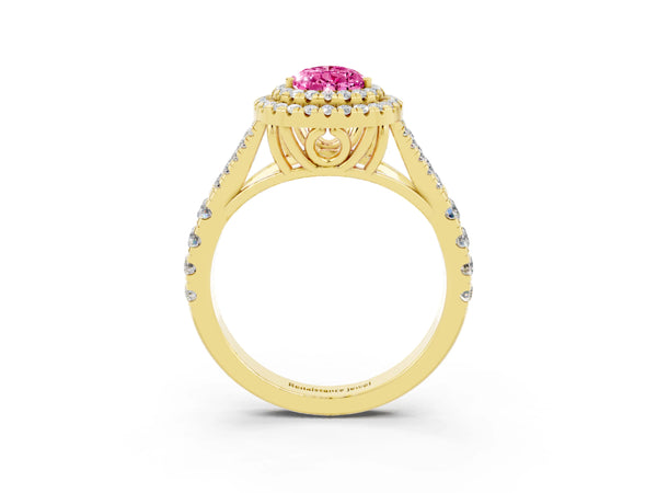 Yellow gold Pear Cut Pink Sapphire Pavé Split Shank Double Halo Engagement Ring
