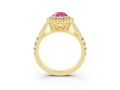 Yellow gold Pear Cut Pink Sapphire Pavé Split Shank Double Halo Engagement Ring_3