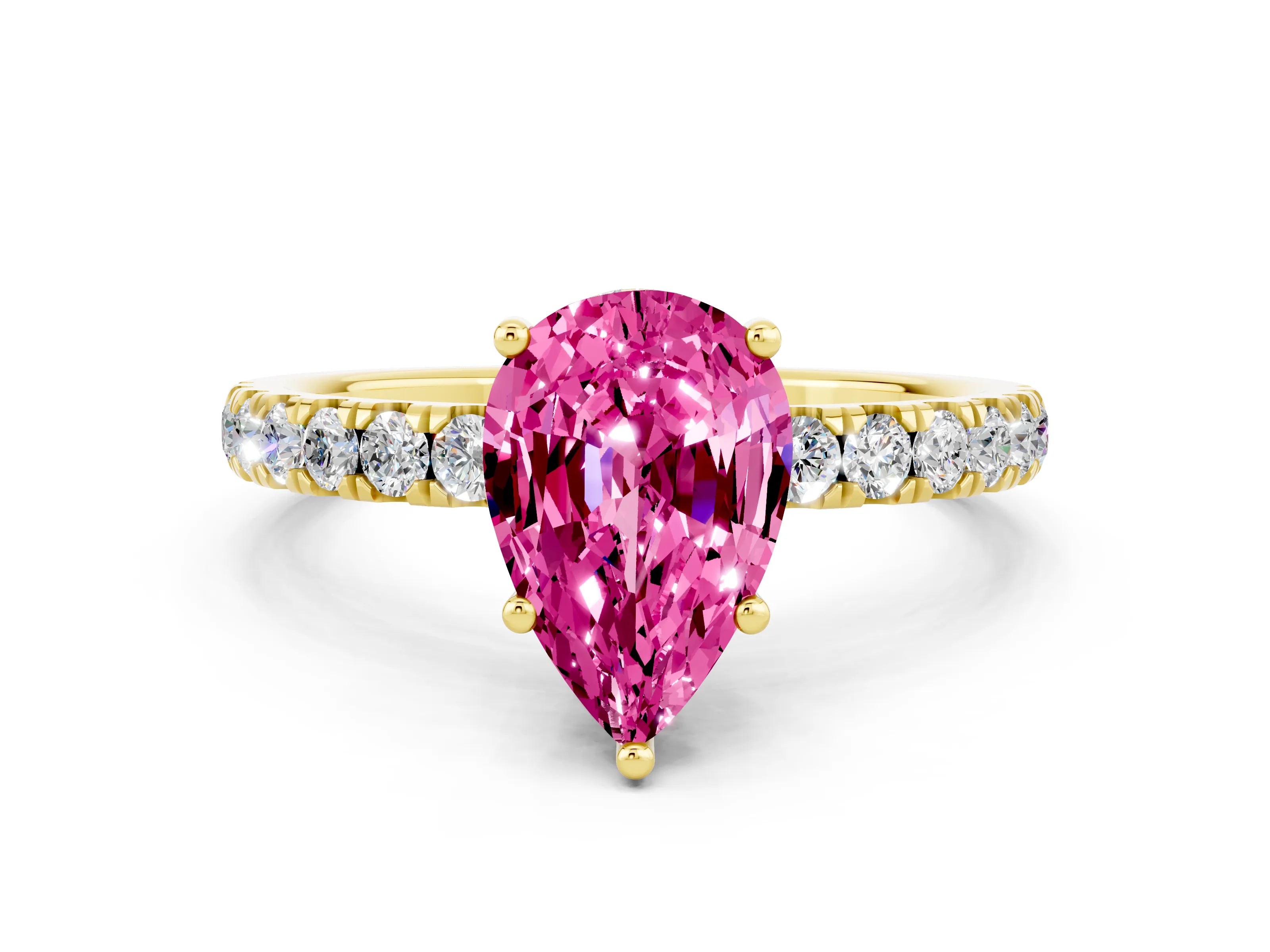 Yellow gold Pear Cut Pink Sapphire Pave Band Solitaire Ring with Four-Prong Setting_48