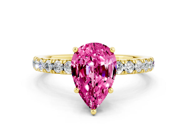 Yellow gold Pear Cut Pink Sapphire Pave Band Solitaire Ring with Round  and Prong Setting