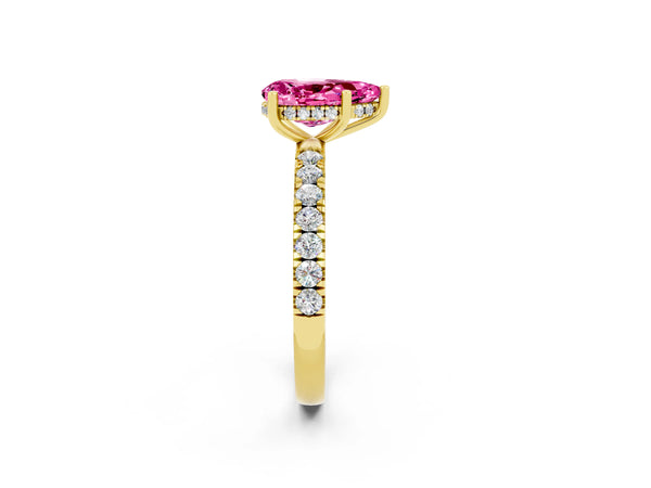 Yellow gold Pear Cut Pink Sapphire Pave Band Solitaire Ring with Round  and Prong Setting