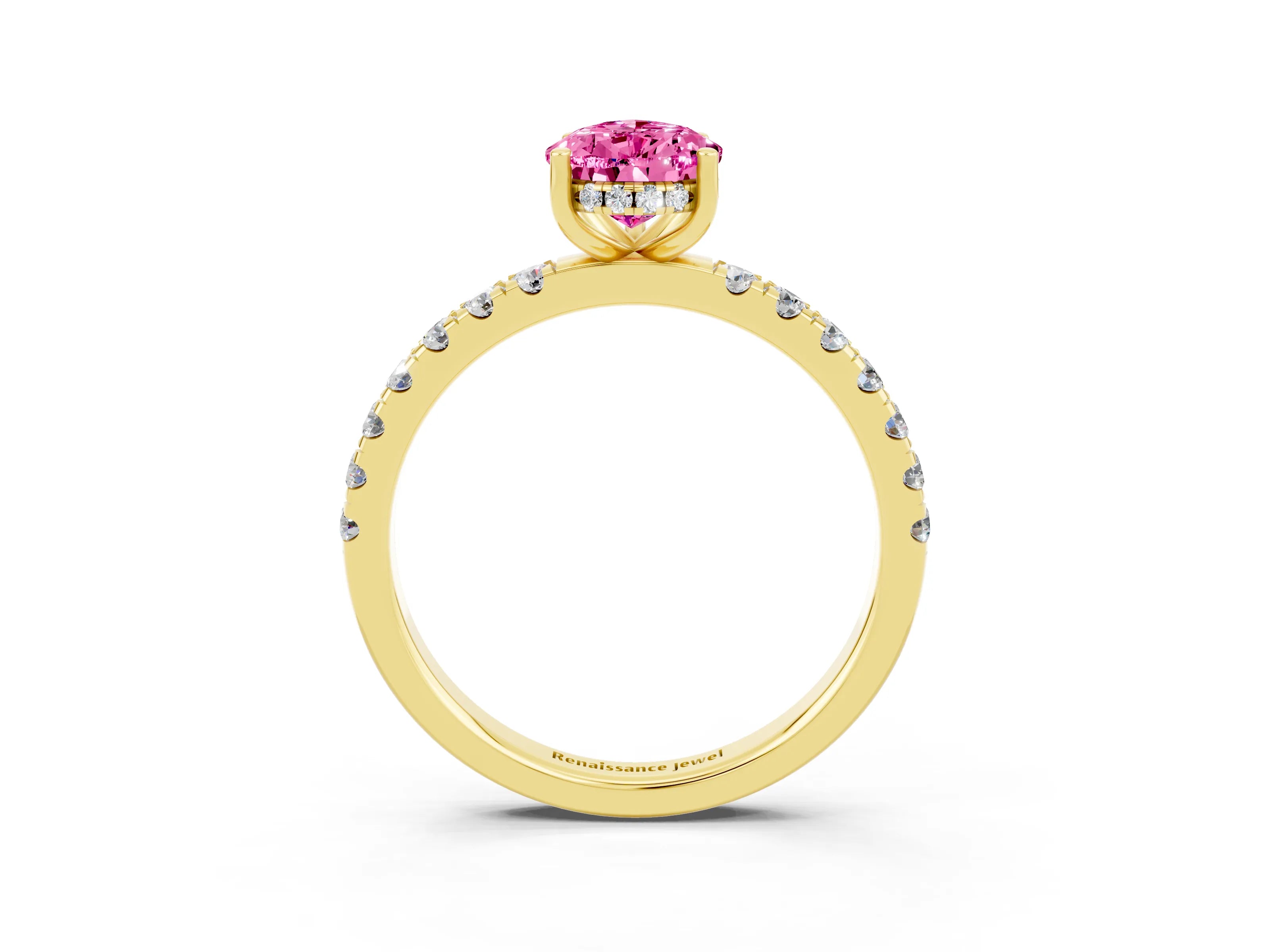 Yellow gold Pear Cut Pink Sapphire Pave Band Solitaire Ring with Four-Prong Setting_51
