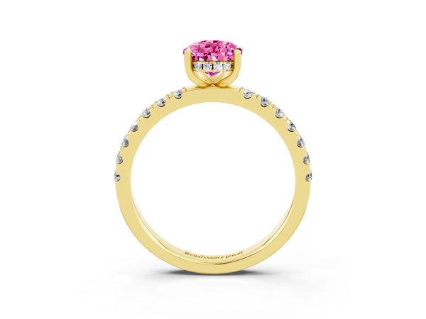 Yellow gold Pear Cut Pink Sapphire Pave Band Solitaire Ring with Round  and Prong Setting