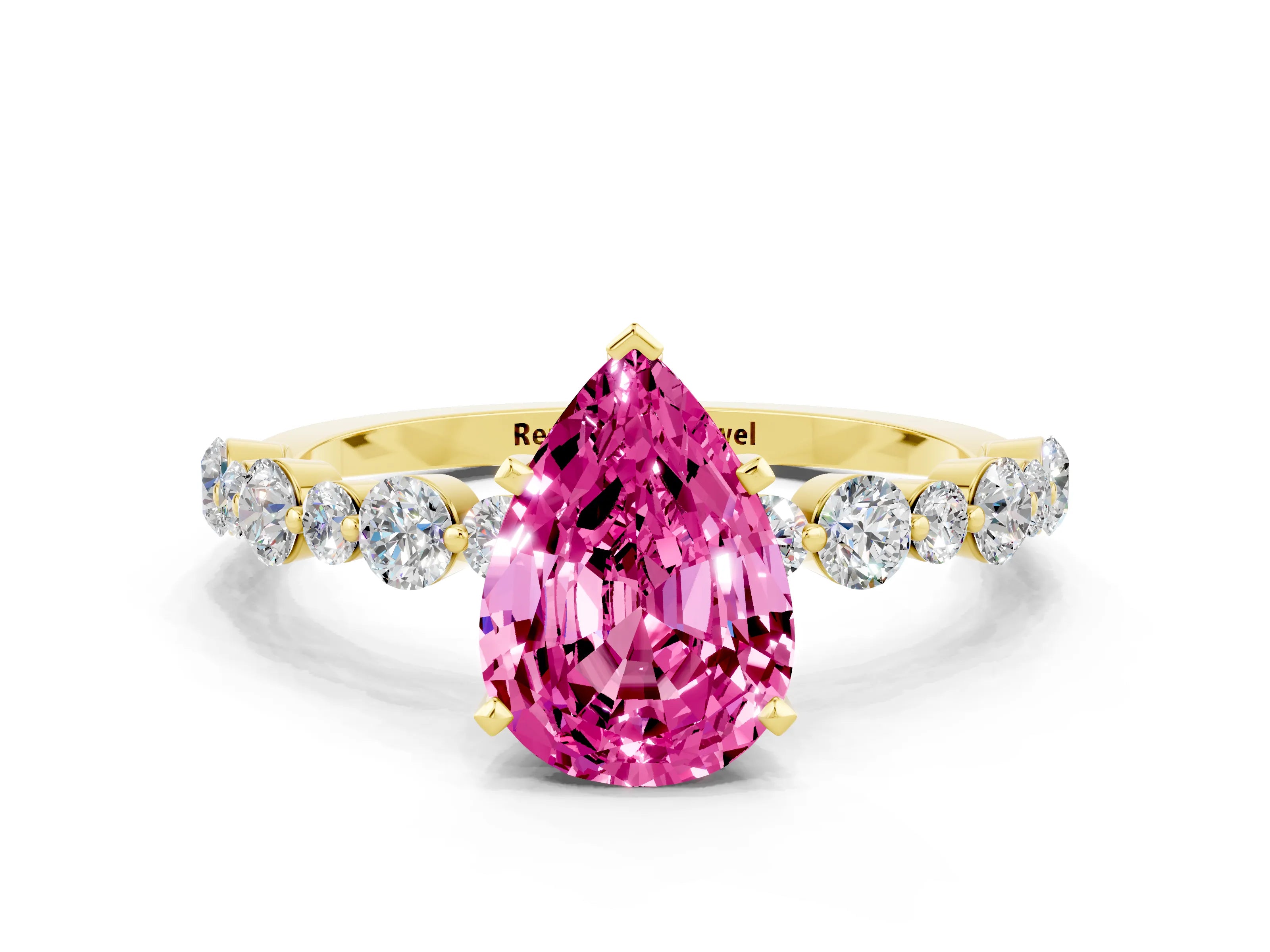 Yellow gold Pear Cut Pink Sapphire Prong Set Engagement Ring with Pavé Band_12