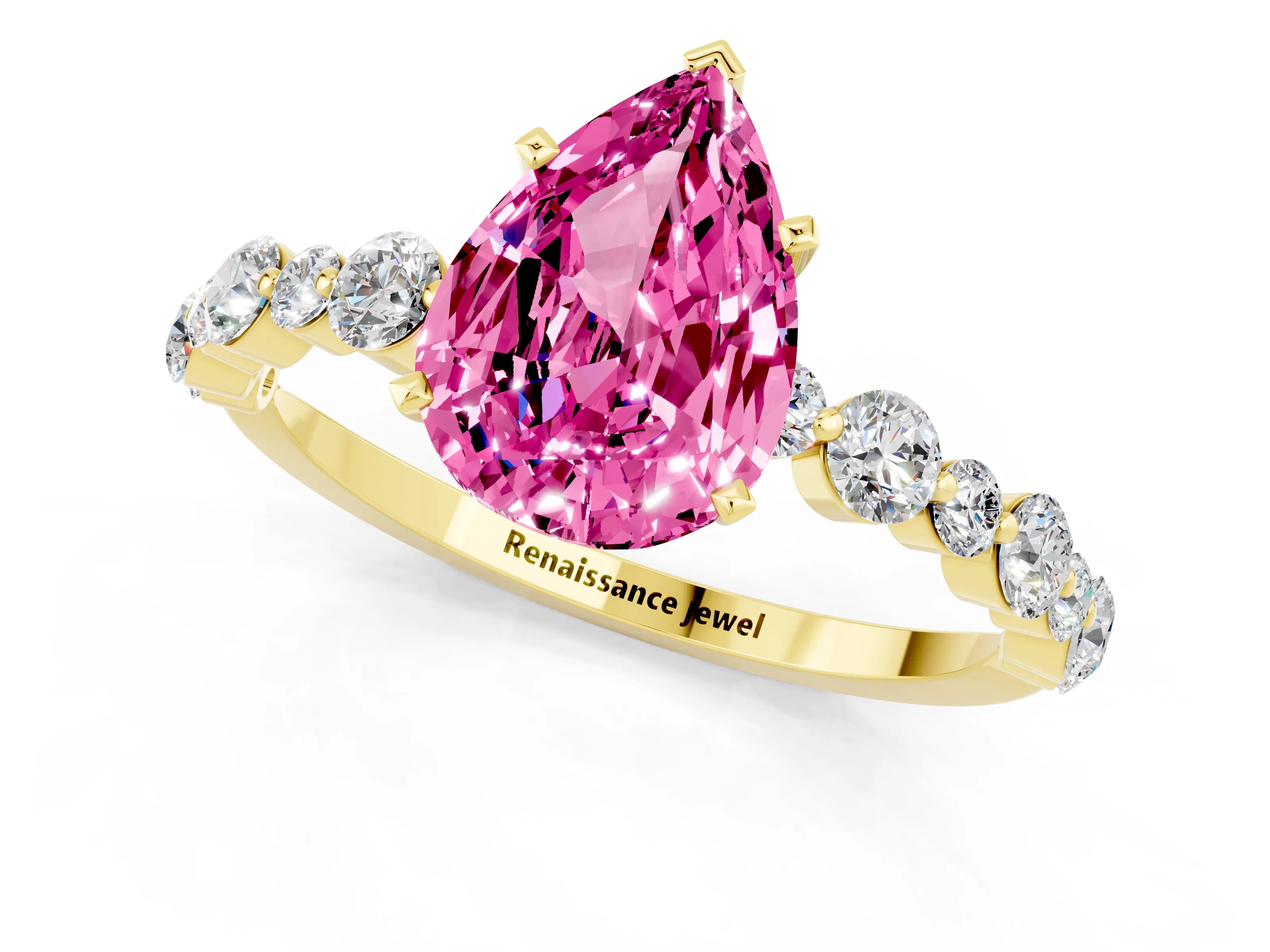 Yellow gold Pear Cut Pink Sapphire Prong Set Engagement Ring with Pavé Band_13