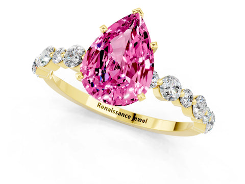 Yellow gold Pear Cut Pink Sapphire Prong Set Engagement Ring with Pavé Band_13