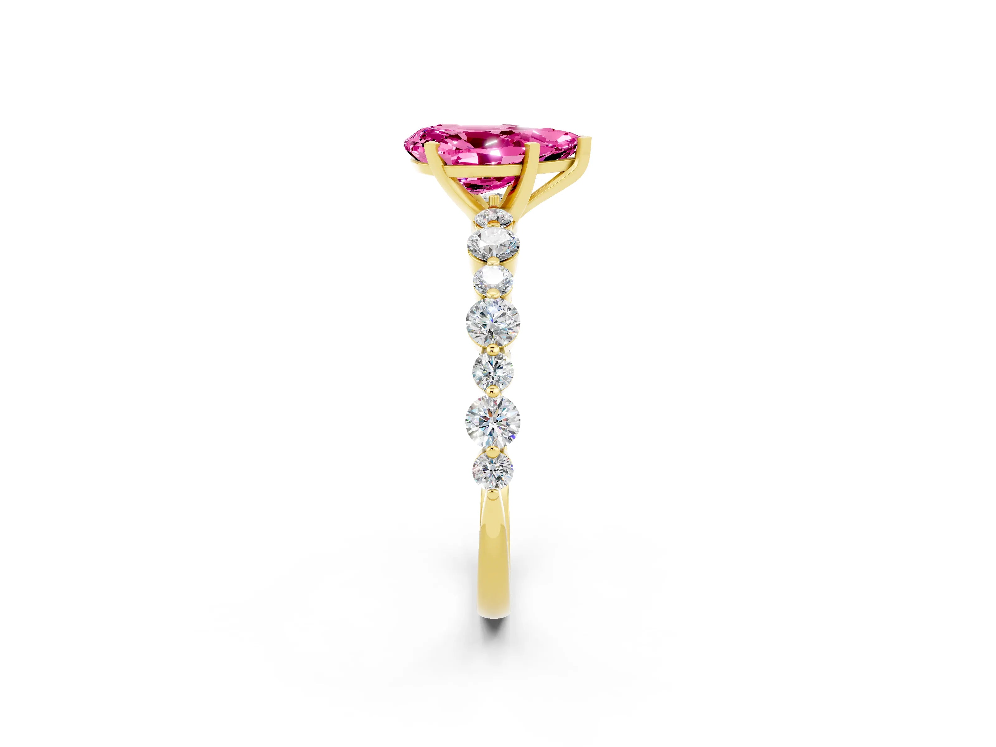 Yellow gold Pear Cut Pink Sapphire Prong Set Engagement Ring with Pavé Band_14