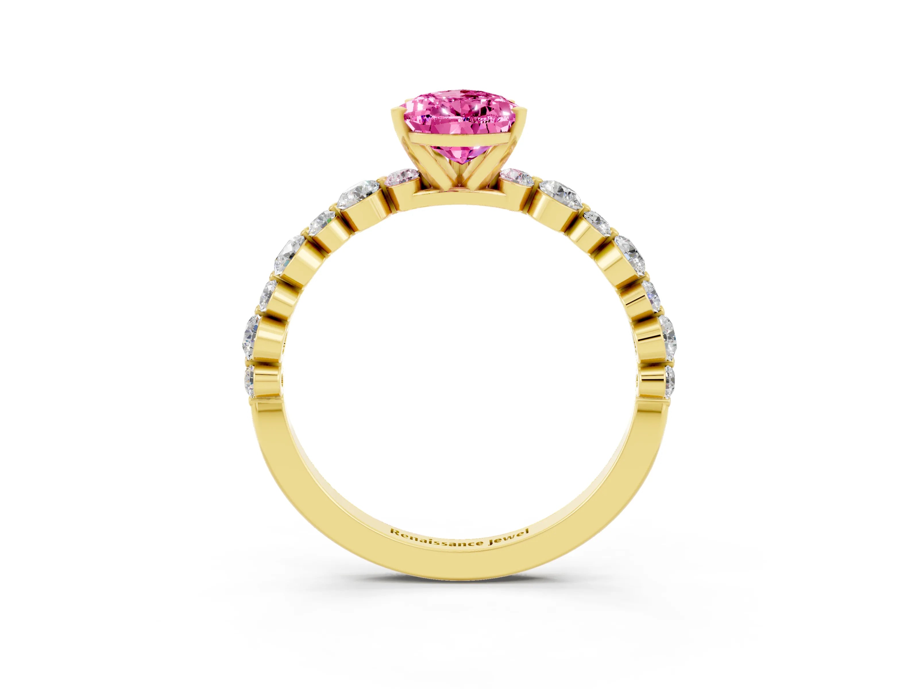 Yellow gold Pear Cut Pink Sapphire Prong Set Engagement Ring with Pavé Band_15