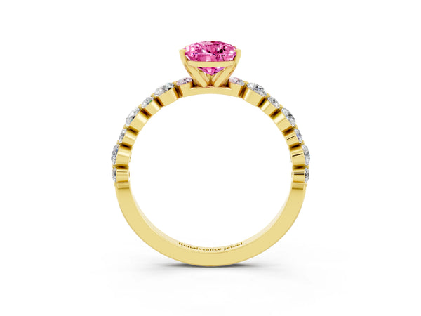Yellow gold Pear Cut Pink Sapphire Prong Set Engagement Ring with Pavé Band
