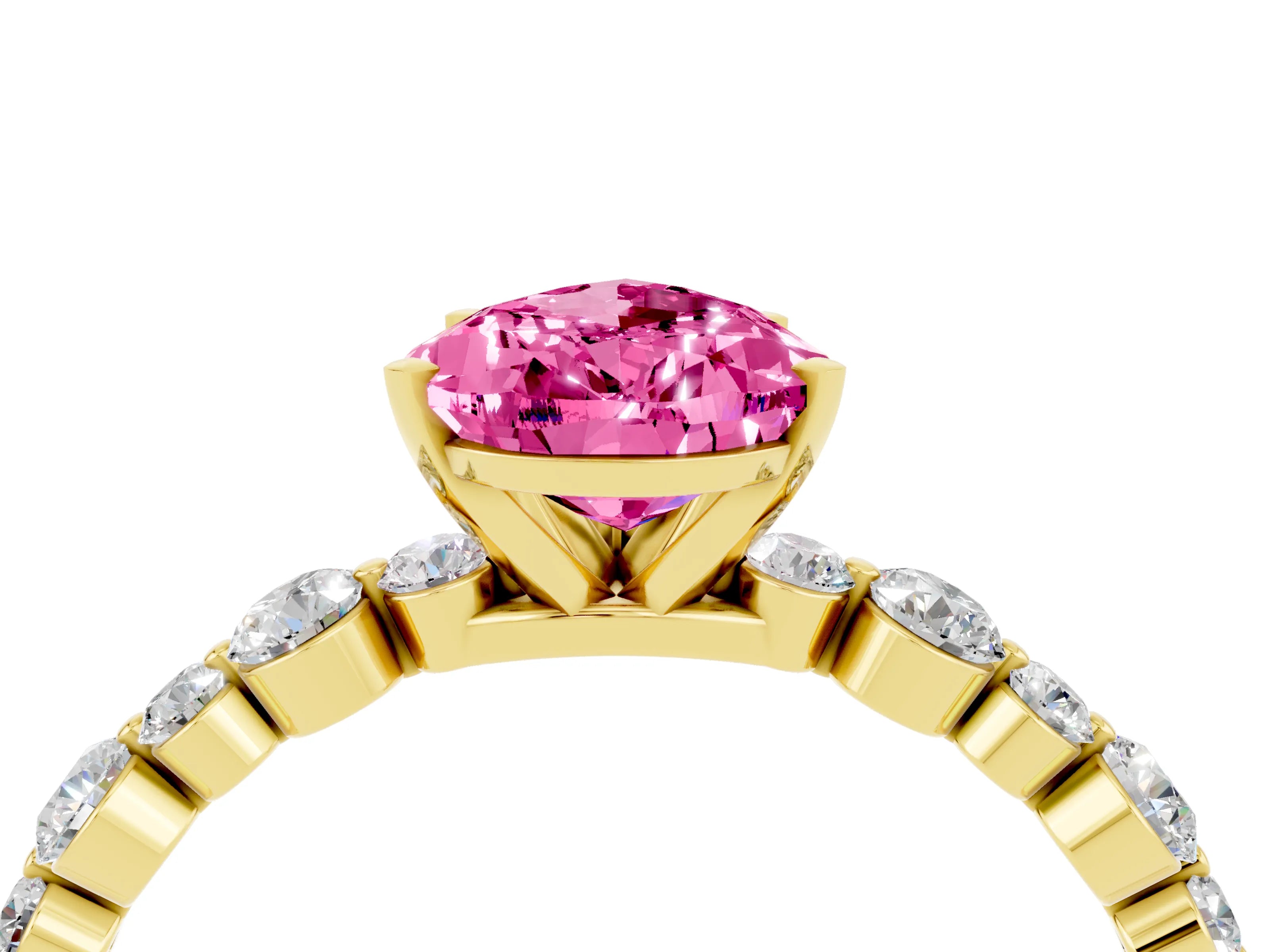 Yellow gold Pear Cut Pink Sapphire Prong Set Engagement Ring with Pavé Band_16