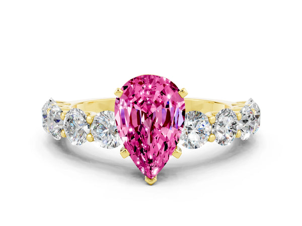 Yellow gold Pear Cut Pink Sapphire Prong Setting with Side Stones on a Pave Band