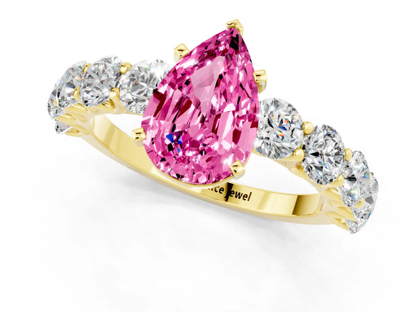 Yellow gold Pear Cut Pink Sapphire Prong Setting with Side Stones on a Pave Band