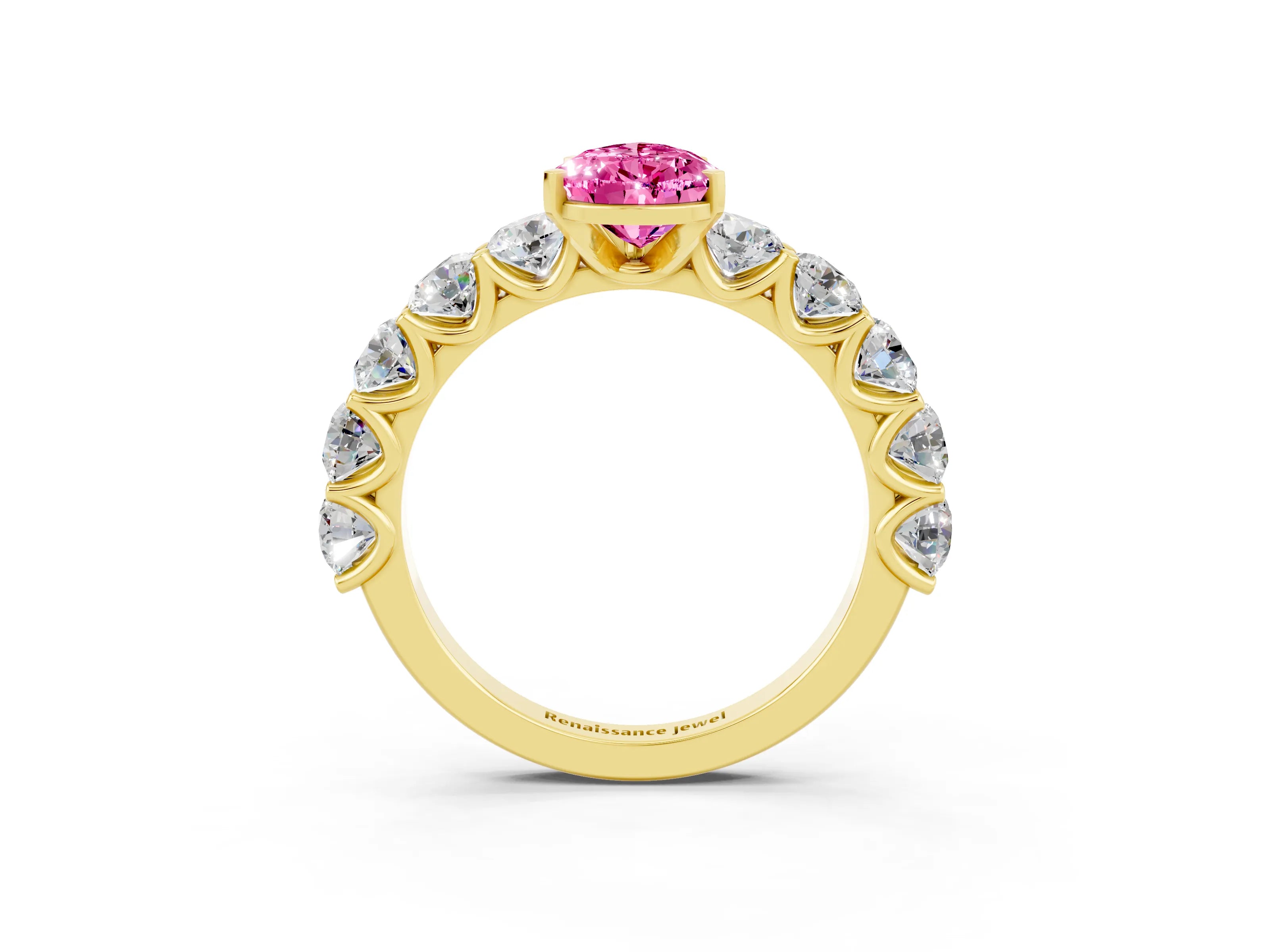 Yellow gold Pear Cut Pink Sapphire Prong Setting with Side Stones on a Pave Band_27