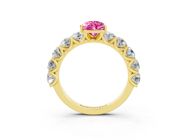 Yellow gold Pear Cut Pink Sapphire Prong Setting with Side Stones on a Pave Band