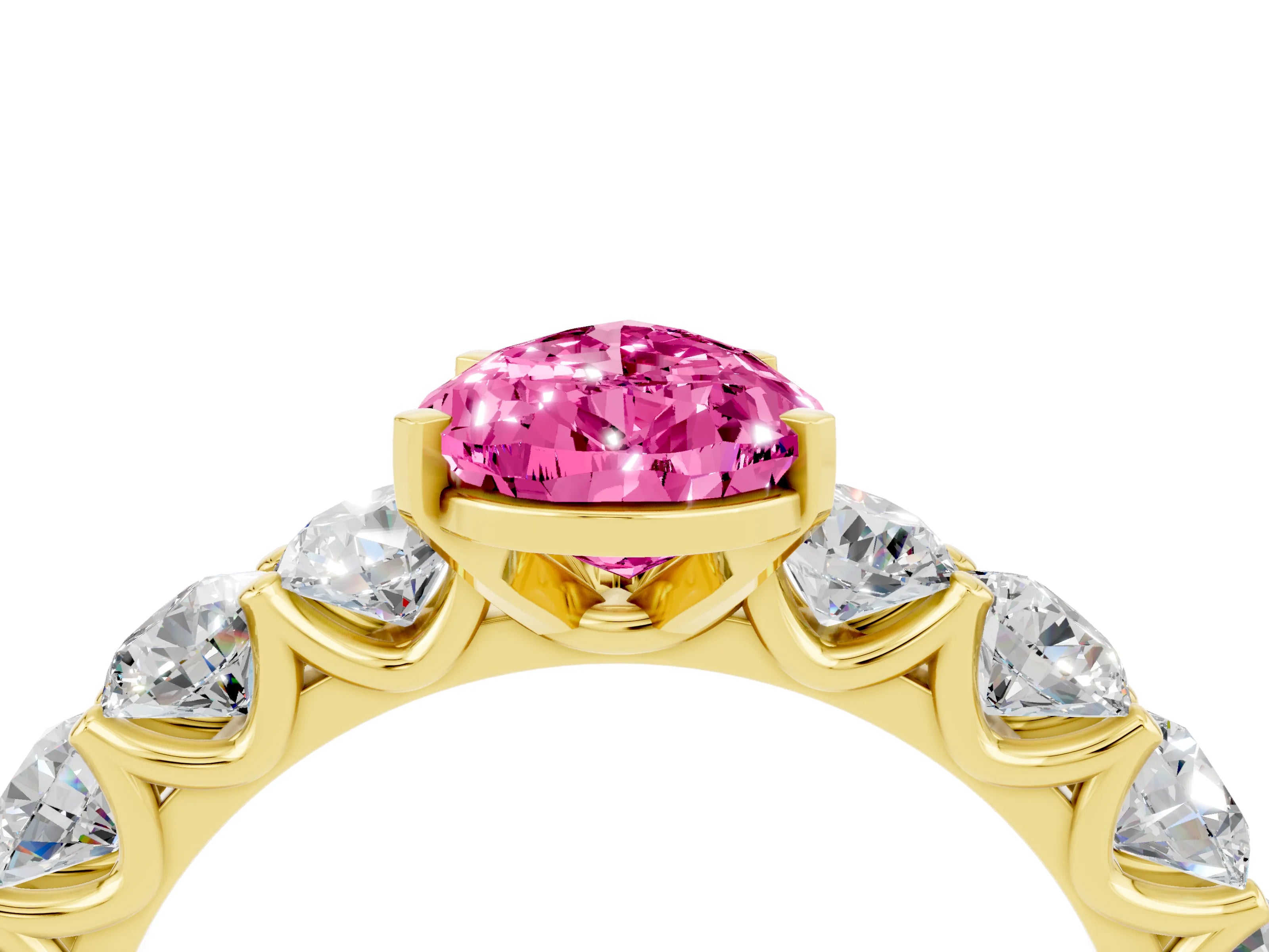 Yellow gold Pear Cut Pink Sapphire Prong Setting with Side Stones on a Pave Band_28