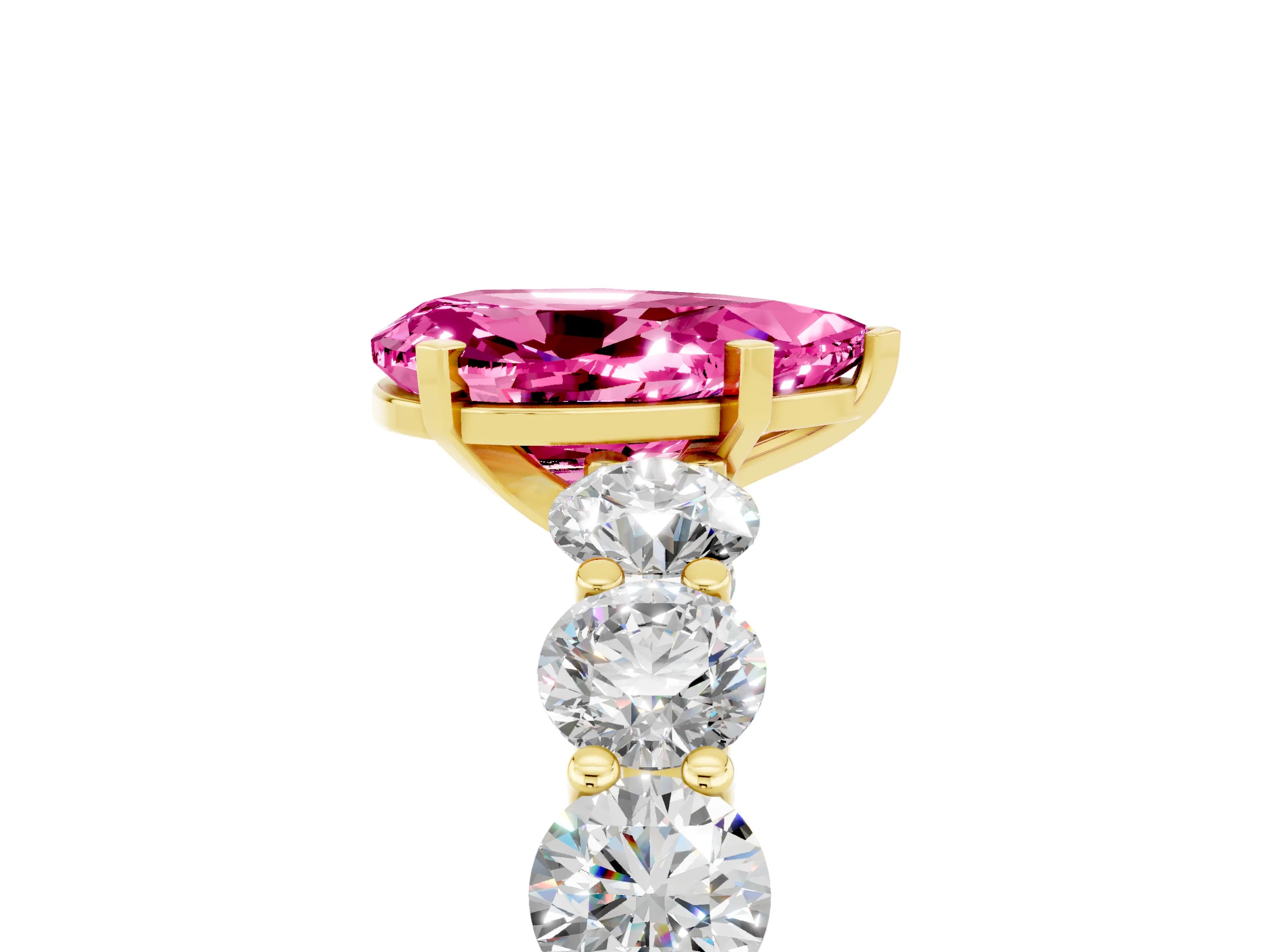 Yellow gold Pear Cut Pink Sapphire Prong Setting with Side Stones on a Pave Band_29