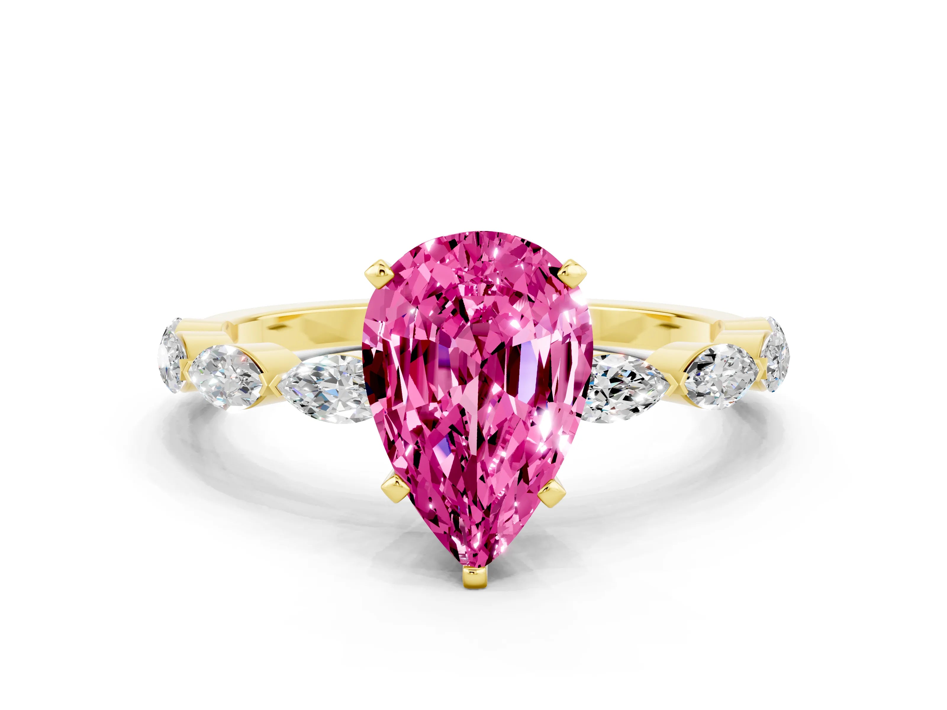 Yellow gold Pear Cut Pink Sapphire Ring with Marquise Side Stones and Prong Setting_12