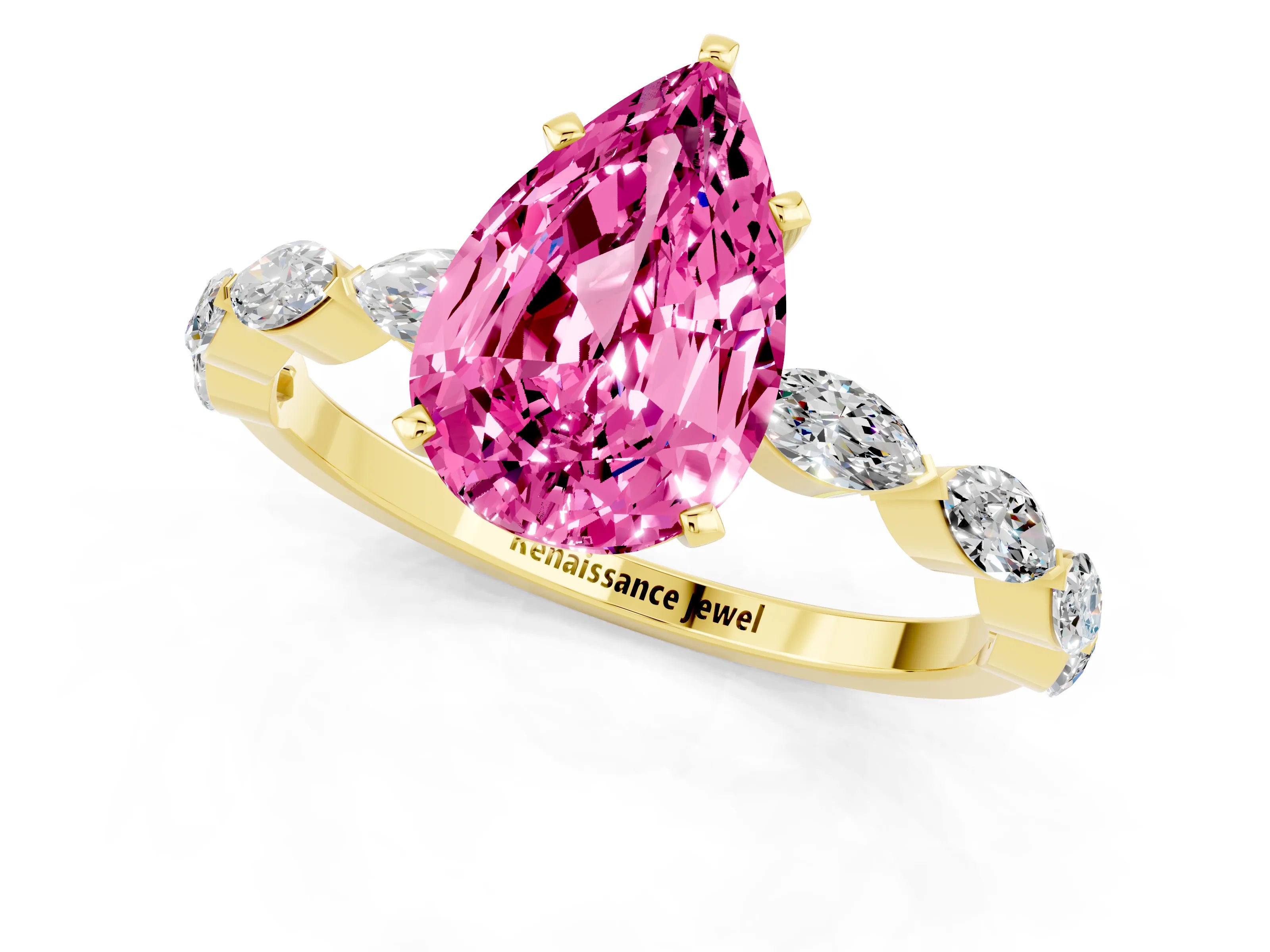 Yellow gold Pear Cut Pink Sapphire Ring with Marquise Side Stones and Prong Setting_13
